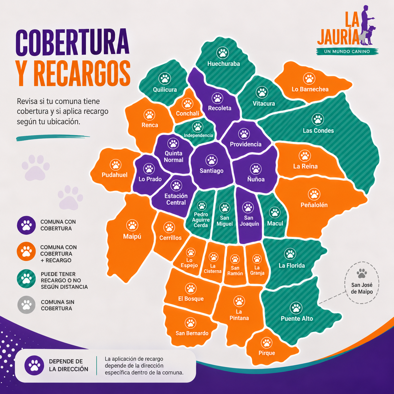 Mapa de cobertura y recargos La Jauría - Región Metropolitana